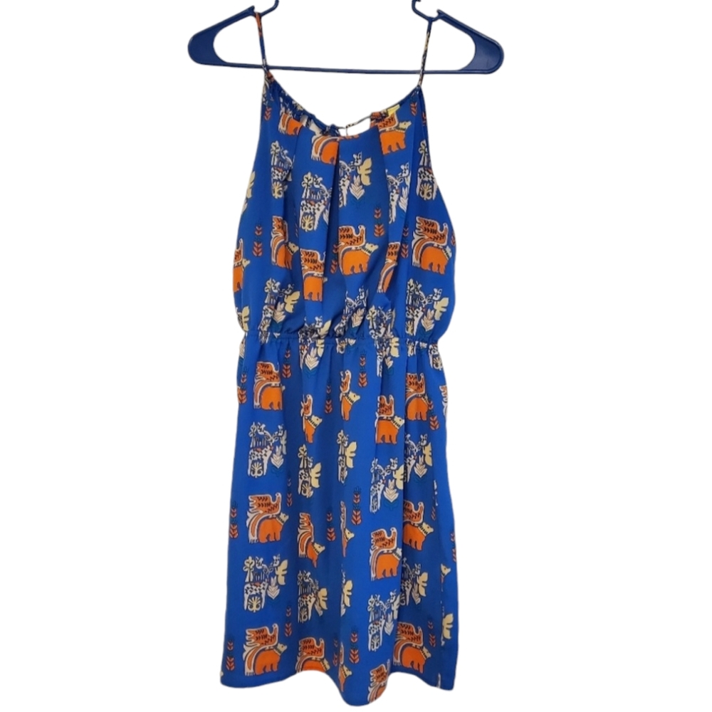 Bee Stitched Blue Mini Dress with Unique Bears and Birds Print, Size Small